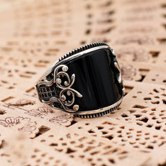 Turkish Handmade Black Agate Silver Luxury Aqeeq Ring-Boutique Spiritual