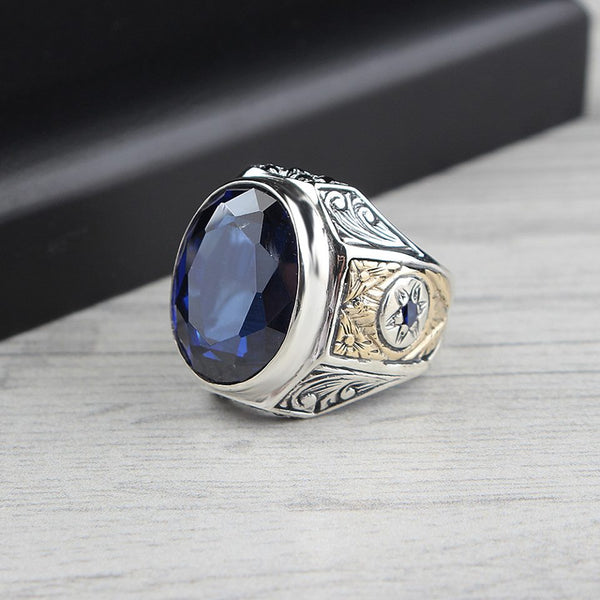 Turkish Blue Zircon Men's Ring Handmade Exclusive Design-Boutique Spiritual