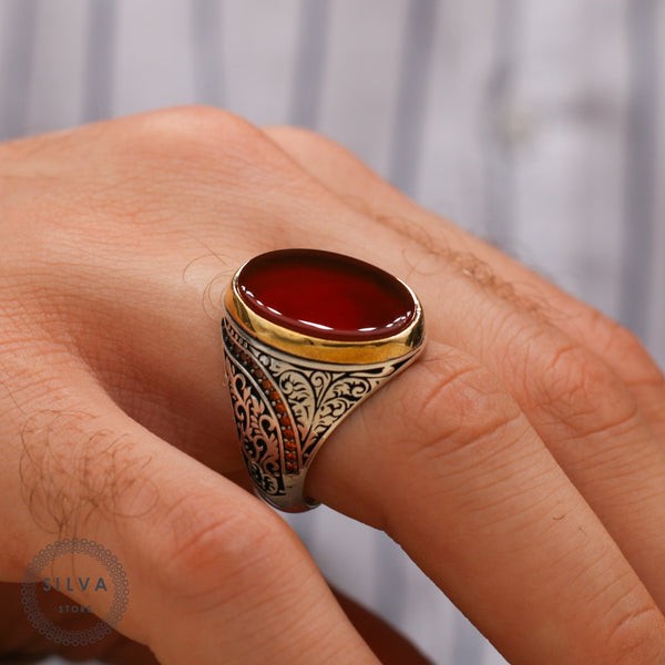 Turkish Handmade Red Agate Golden Luxury Aqeeq Ring-Boutique Spiritual