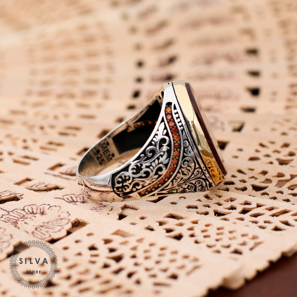 Turkish Handmade Red Agate Golden Luxury Aqeeq Ring-Boutique Spiritual