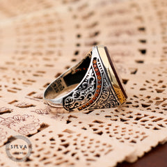 Turkish Handmade Red Agate Golden Luxury Aqeeq Ring-Boutique Spiritual