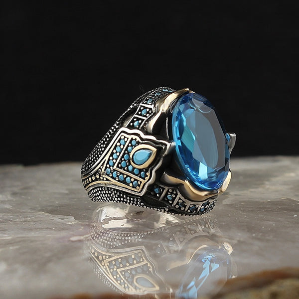 Turkish Aquamarine Stone Men's Ring Handmade Special Design-Boutique Spiritual