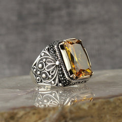 Turkish Citrine Stone Fancy Sliver Men Ring Limited Edition HandmadeDesign-Boutique Spiritual