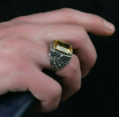 Turkish Citrine Stone Fancy Sliver Men Ring Limited Edition HandmadeDesign-Boutique Spiritual