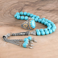 Turkish Turquoise Stone Men's Silver Ring With Tasbih-Boutique Spiritual