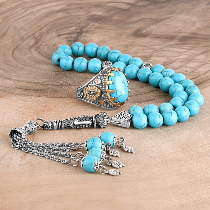 Turkish Turquoise Stone Men's Silver Ring With Tasbih-Boutique Spiritual