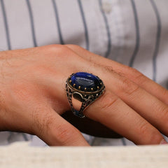 Turkish Handmade Dark Blue Agate Silver Luxury Aqeeq Ring-Boutique Spiritual