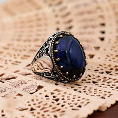 Turkish Handmade Dark Blue Agate Silver Luxury Aqeeq Ring-Boutique Spiritual
