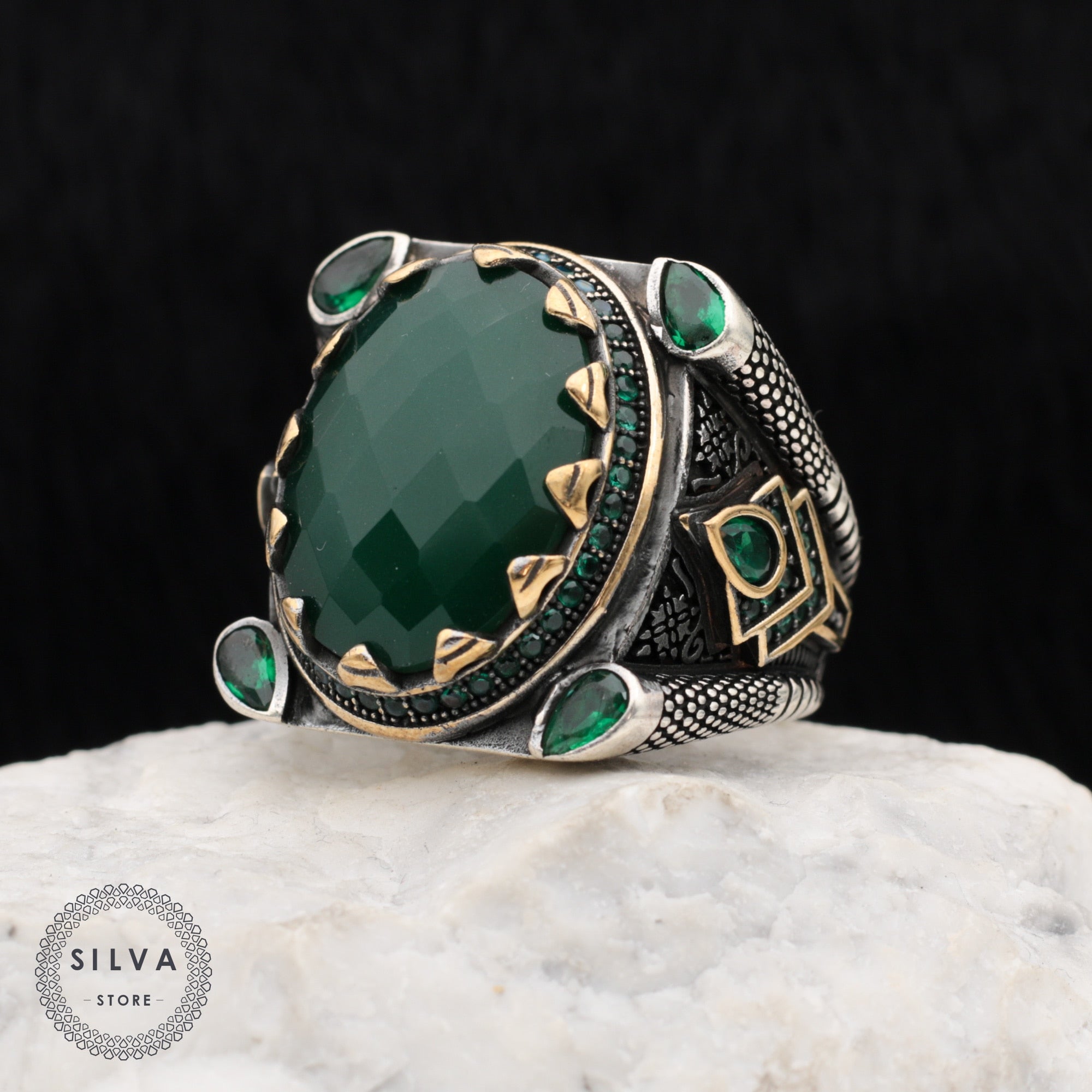 Turkish Handmade Royal Green Agate Silver Luxury Aqeeq Ring-Boutique Spiritual