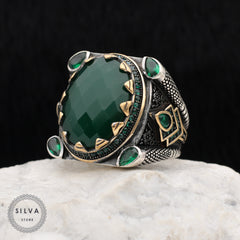 Turkish Handmade Royal Green Agate Silver Luxury Aqeeq Ring-Boutique Spiritual