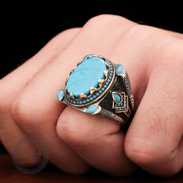 Turkish Turquoise Stone Mens Ring Handmade Premium Design-Boutique Spiritual