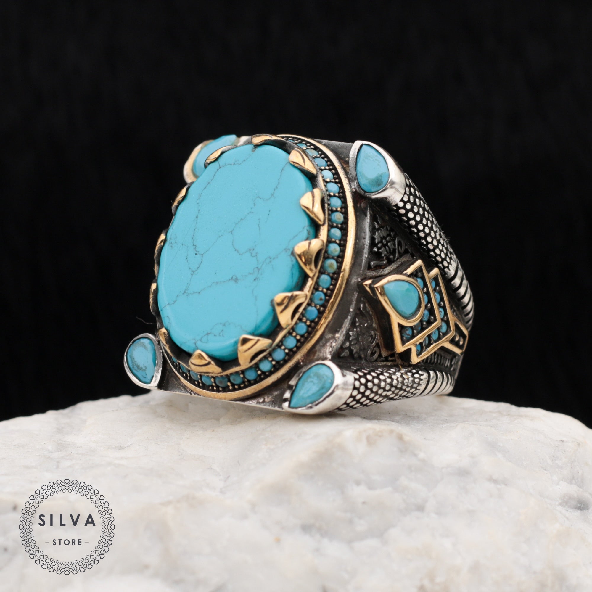 Turkish Turquoise Stone Mens Ring Handmade Premium Design-Boutique Spiritual