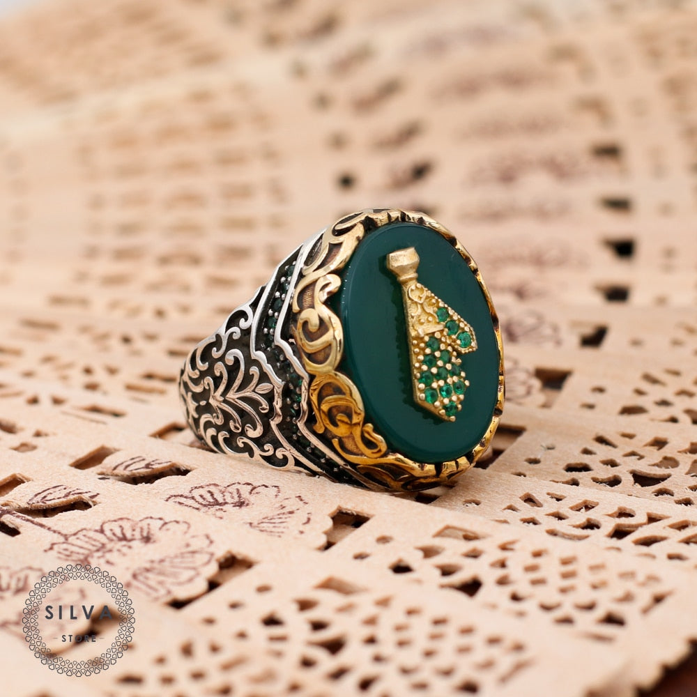 Turkish Handmade Royal Green Agate Golden Luxury Aqeeq Ring-Boutique Spiritual