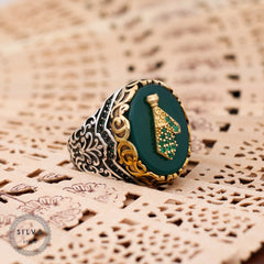 Turkish Handmade Royal Green Agate Golden Luxury Aqeeq Ring-Boutique Spiritual