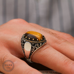 Turkish Tiger Eye Stone Mens Ring Handmade Premium Design-Boutique Spiritual