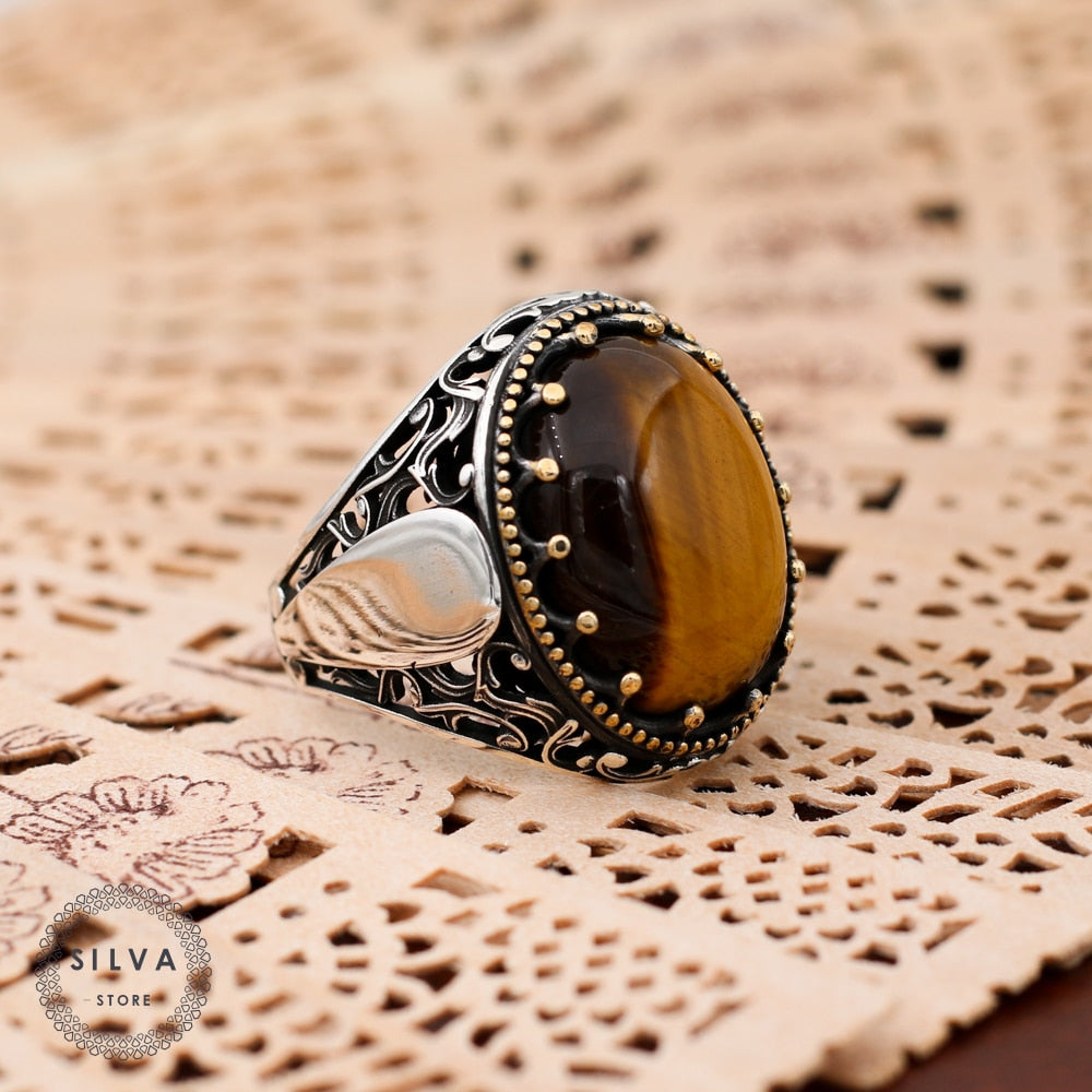 Turkish Tiger Eye Stone Mens Ring Handmade Premium Design-Boutique Spiritual