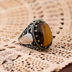 Turkish Tiger Eye Stone Mens Ring Handmade Premium Design-Boutique Spiritual