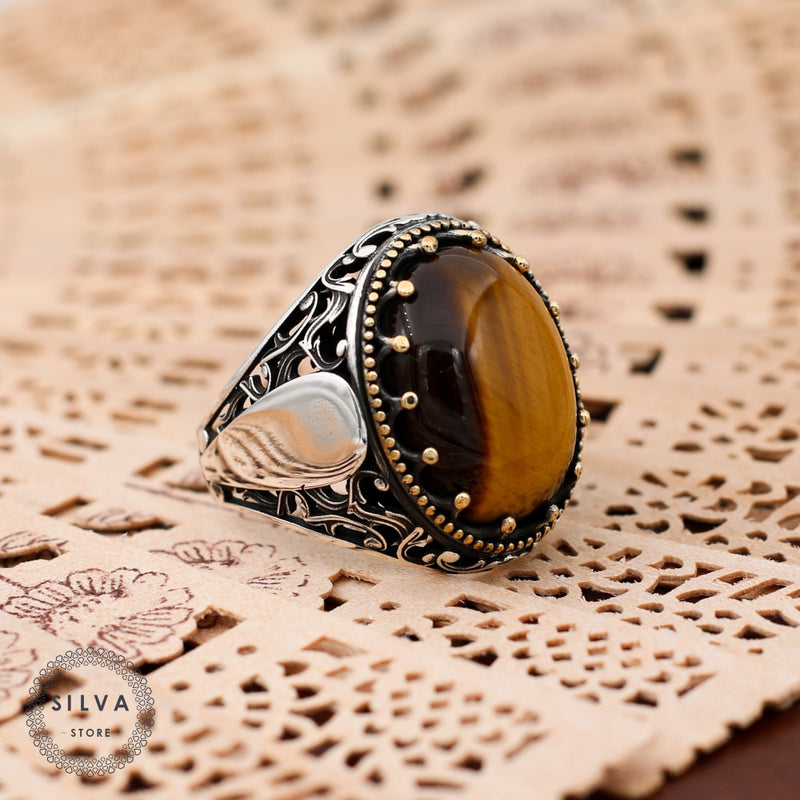 Turkish Tiger Eye Stone Mens Ring Handmade Premium Design-Boutique Spiritual