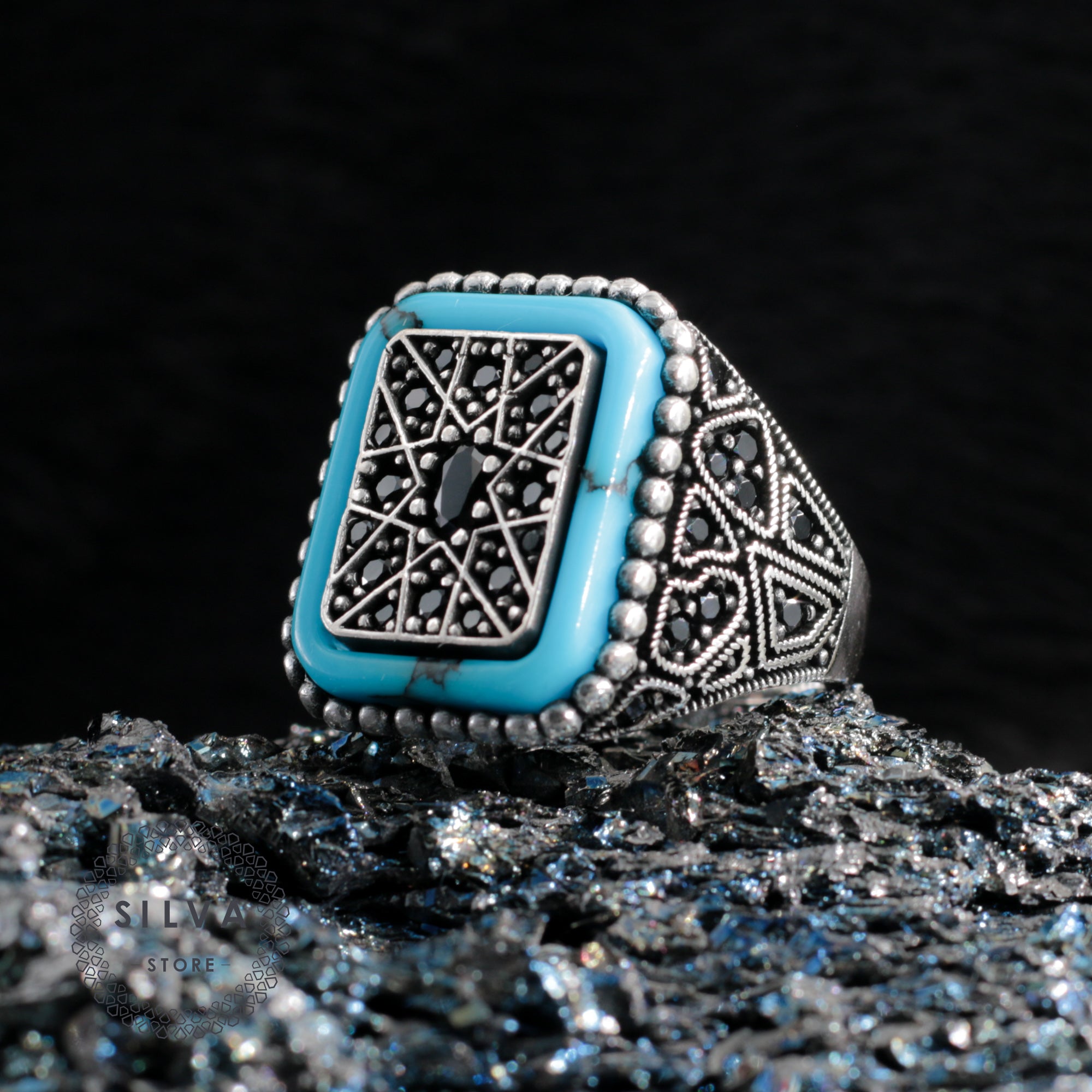 Turkish Black Zircon and With Turquoise Stone Handmade Exclusive Design Ring-Boutique Spiritual