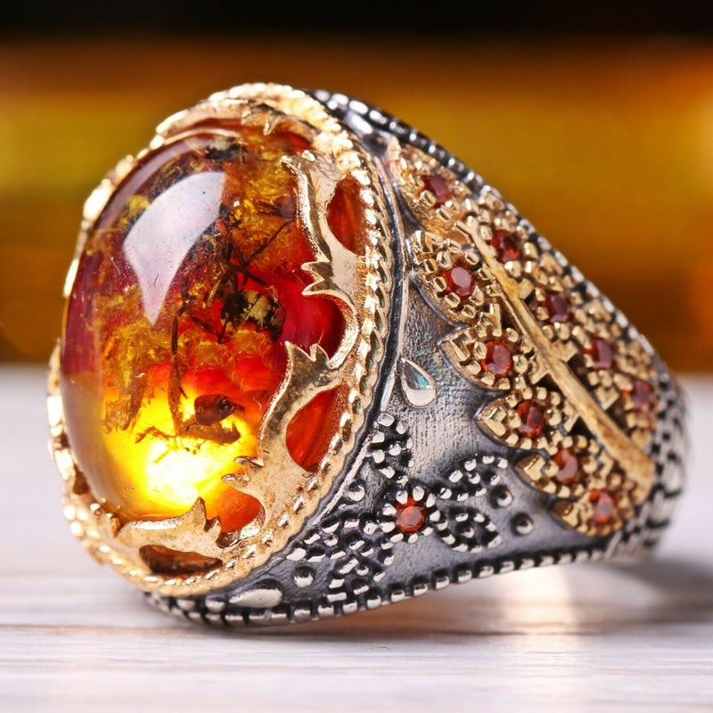 Turkish Fossil Amber Stone Ring Limited Edition Design - Boutique Spiritual