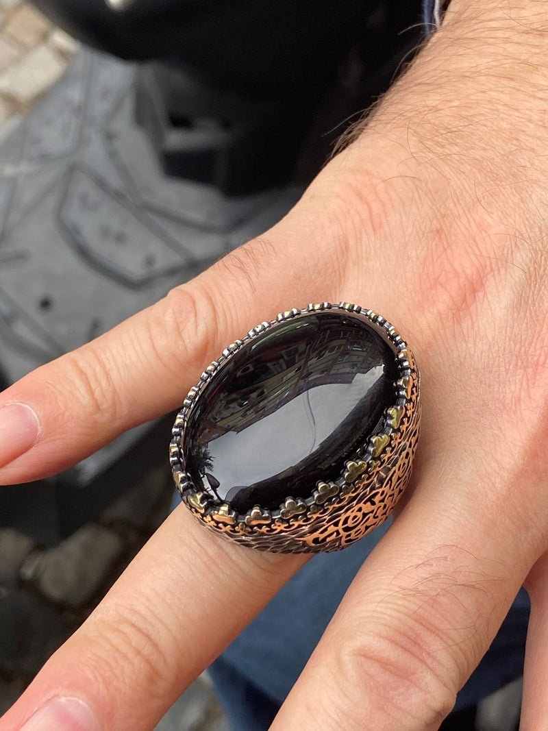Turkish Black Onyx Large Gemstone Men's Handmade Ring-Boutique Spiritual