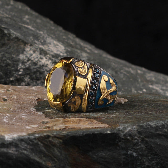 Citrine Stone Ring, Turkish Signet Enamel Luxurious Silver Ring-Boutique Spiritual