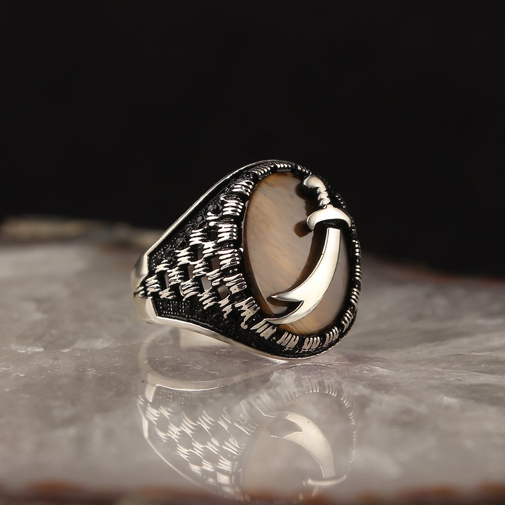 Tiger Eye Stone, Zulfiqar Sword Muslim Silver Mens Ring-Boutique Spiritual