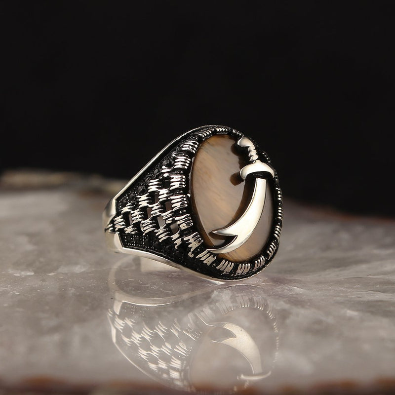 Tiger Eye Stone, Zulfiqar Sword Muslim Silver Mens Ring-Boutique Spiritual