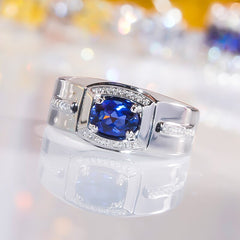 Sapphire Silver Ring for Men - White Gold Plated