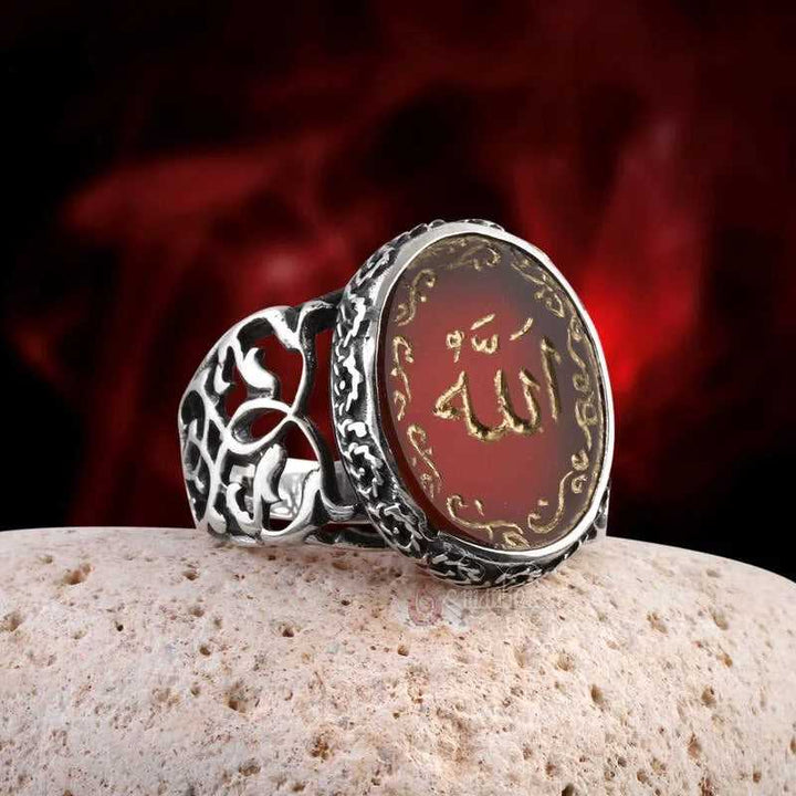 'ALLAH' Handwritten Natural Aqeeq Silver Ring-Boutique Spiritual