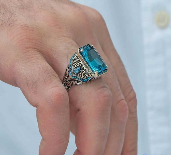 Aquamarine Silver Men Ring, Turkish Stone Ring Special Design-Boutique Spiritual