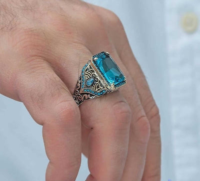 Aquamarine Silver Men Ring, Turkish Stone Ring Special Design - Boutique Spiritual