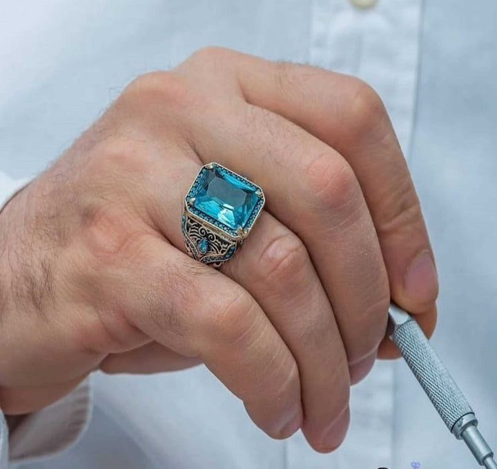 Aquamarine Silver Men Ring, Turkish Stone Ring Special Design-Boutique Spiritual