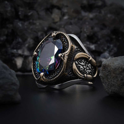 Natural Tourmaline Men's Ring – 925 Sterling Silver, Oval Multicolor Gemstone, Handmade Turkish Jewelry, All Sizes