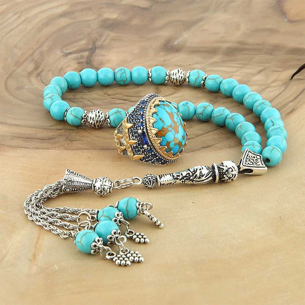 Islamic Natural Turquoise Silver Men's Ring With Rosary-Boutique Spiritual
