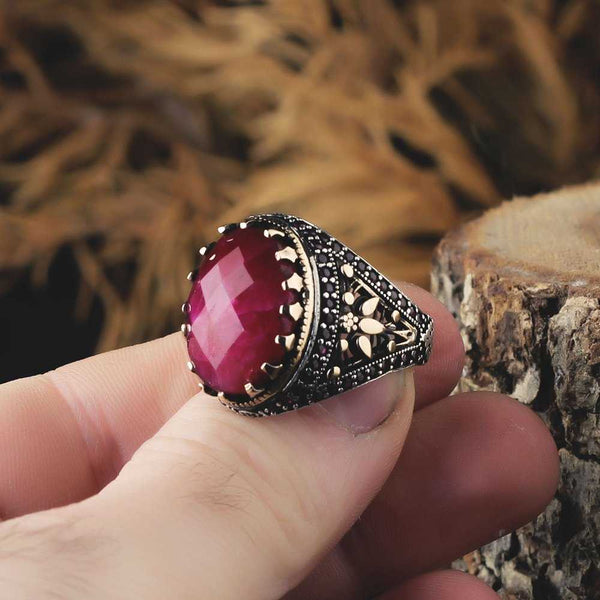 Red Ruby Ring Men, Turkish Ruby Ring Handmade Exclusive Design-Boutique Spiritual