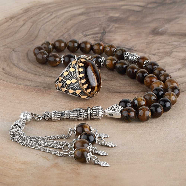 Islamic Tiger Eye Silver Ring With Rosary For Women-Boutique Spiritual