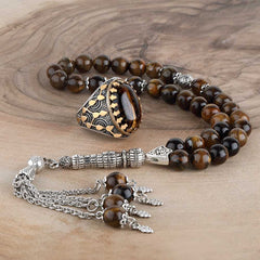 Islamic Tiger Eye Silver Ring With Rosary - Boutique Spiritual