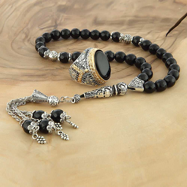 Onyx Turkish Ring, Men Silver Ring With Rosary Gift-Boutique Spiritual