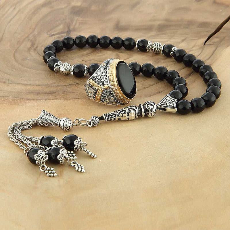 Onyx Turkish Ring, Men Silver Ring With Rosary Gift - Boutique Spiritual
