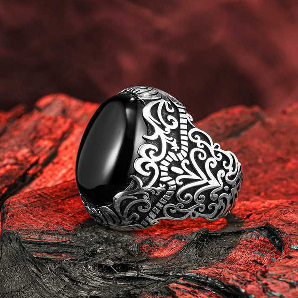 Onyx Gemstone Silver Mens Ring - Boutique Spiritual