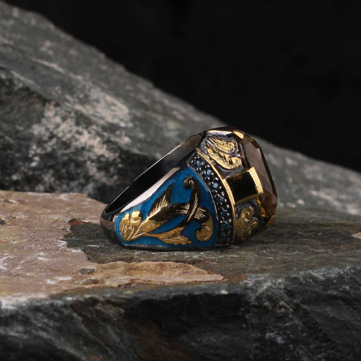 Citrine Stone Ring, Turkish Signet Enamel Luxurious Silver Ring - Boutique Spiritual