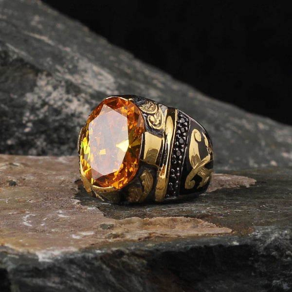 Orange Citrine Stone Ring, Turkish Signet Enamel Luxurious Silver Ring-Boutique Spiritual