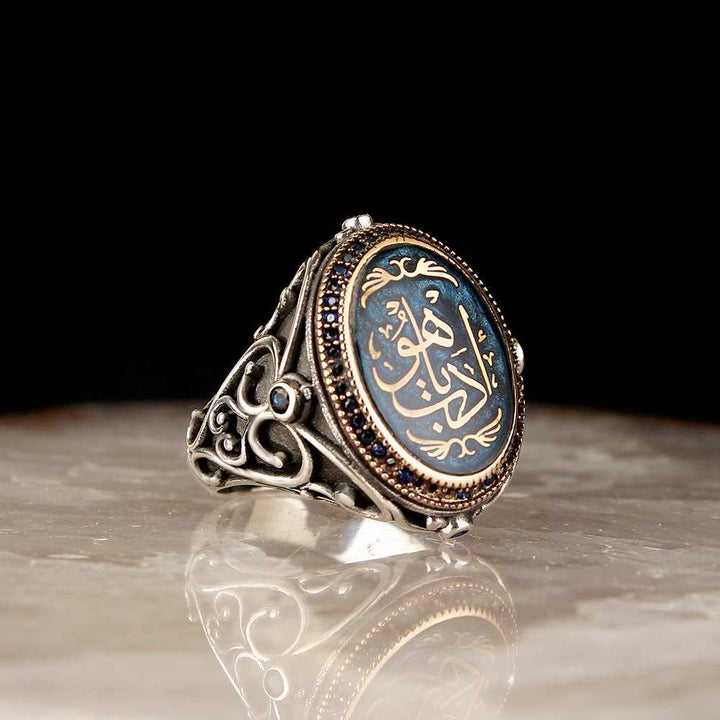 Islamic Calligraphy Silver Men's Ring With Zircon Stones-Boutique Spiritual