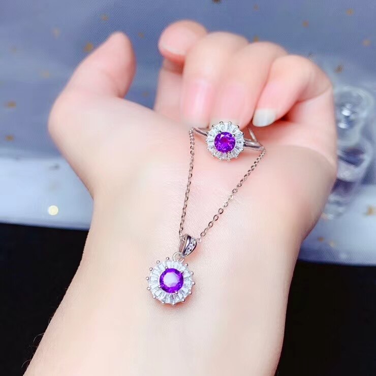 Amethyst Silver Set, Platinum Plated for Women