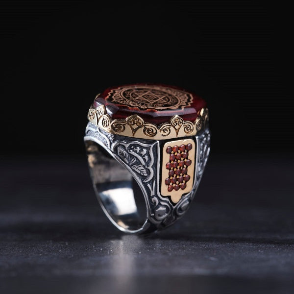 Seal of Solomon Ring, Red Amber Stone Silver Men Ring - Boutique Spiritual