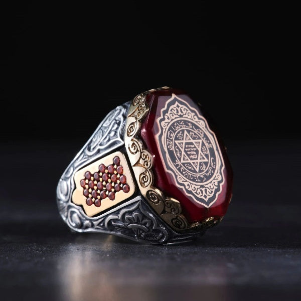 Seal of Solomon Ring, Red Amber Stone Silver Men Ring-Boutique Spiritual