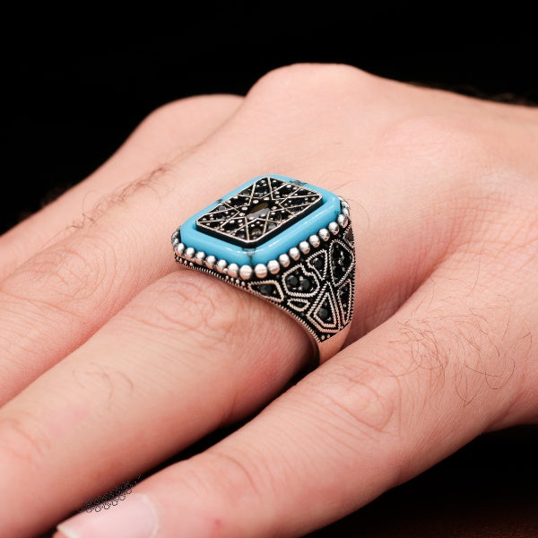 Turkish Black Zircon and With Turquoise Stone Handmade Exclusive Design Ring-Boutique Spiritual
