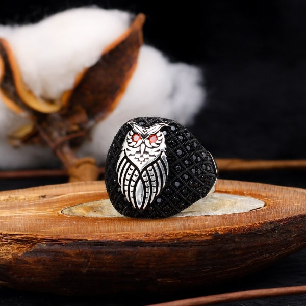 Turkish Sterling Silver Owl Men's Ring With Zircon Stones-Boutique Spiritual