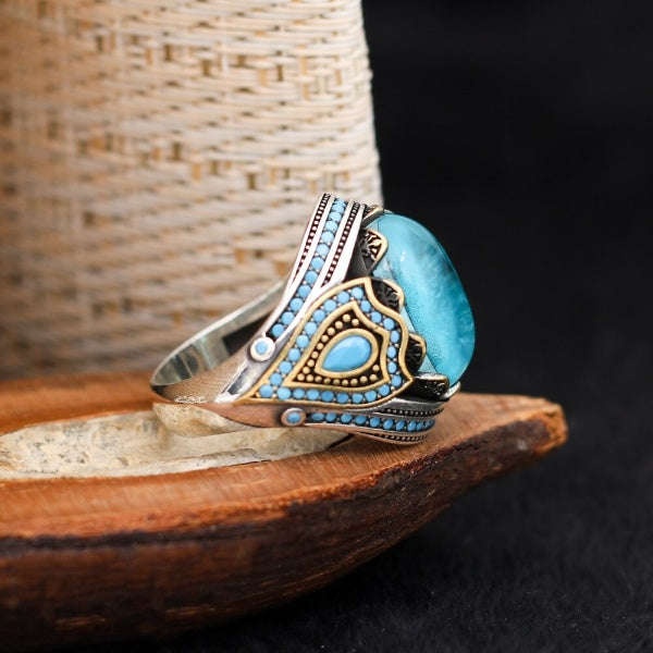 Turkish Paraiba Stone Mens Ring Handmade Premium Design - Boutique Spiritual